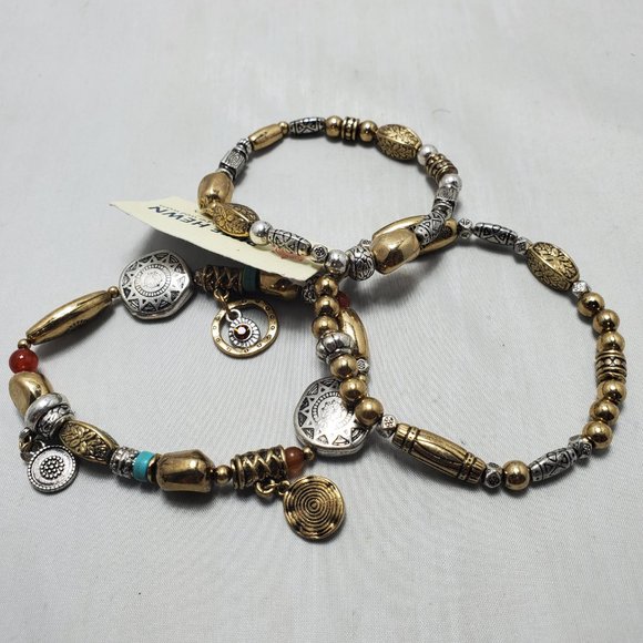 Ruff hewn 3pc boho stretch charm  bracelet gold , silver. aqua - Picture 6 of 6